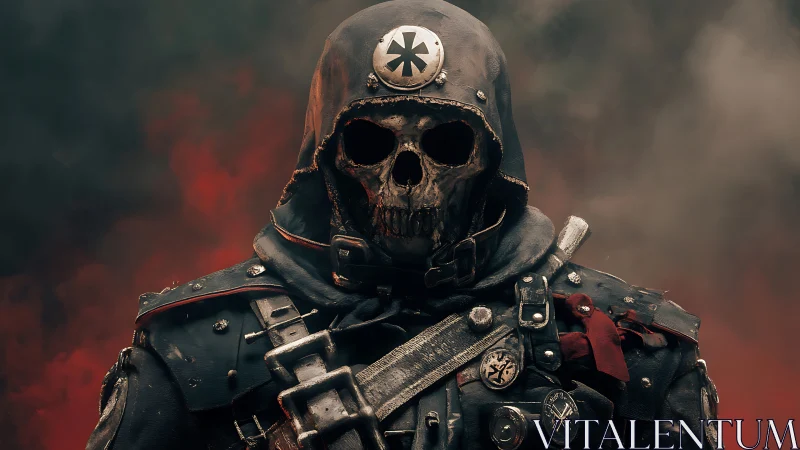 Warlike skull soldier emerging from smoldering red fog.