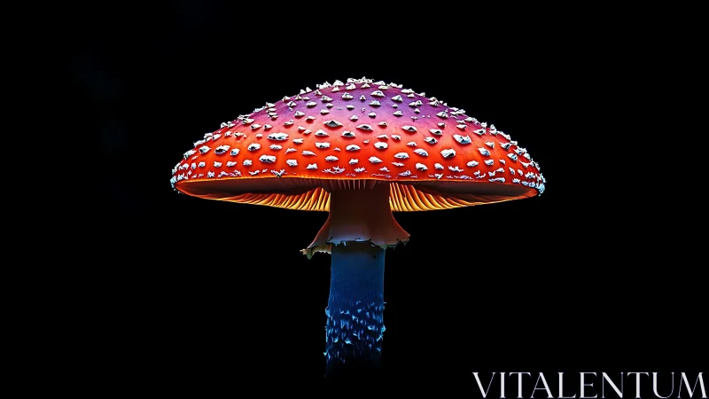Fly agaric mushroom glows against deep black background