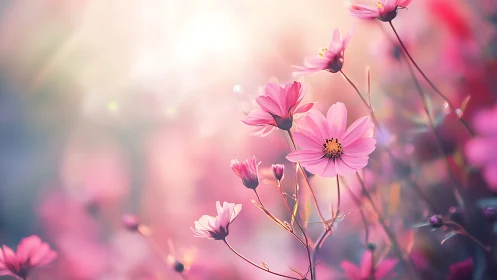 Pink cosmos flowers in soft-focus garden with bokeh lighting effects