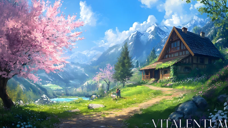 Sunny alpine cottage nestles beside a lake under spring bloom