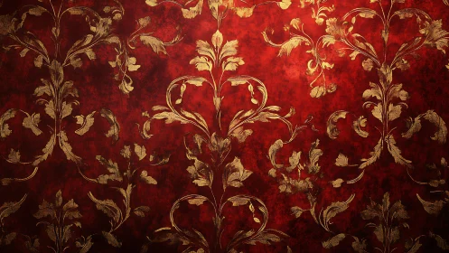 Red damask wallpaper with ornate gold floral pattern detail.