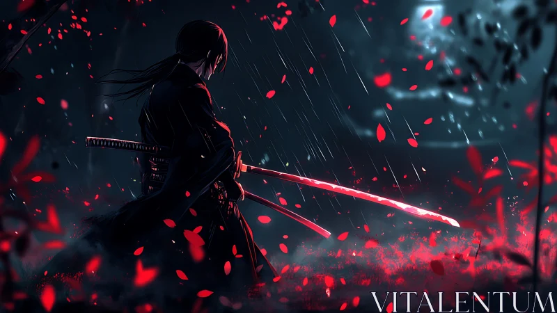 Solitary samurai pauses beneath stormy moonlit rain