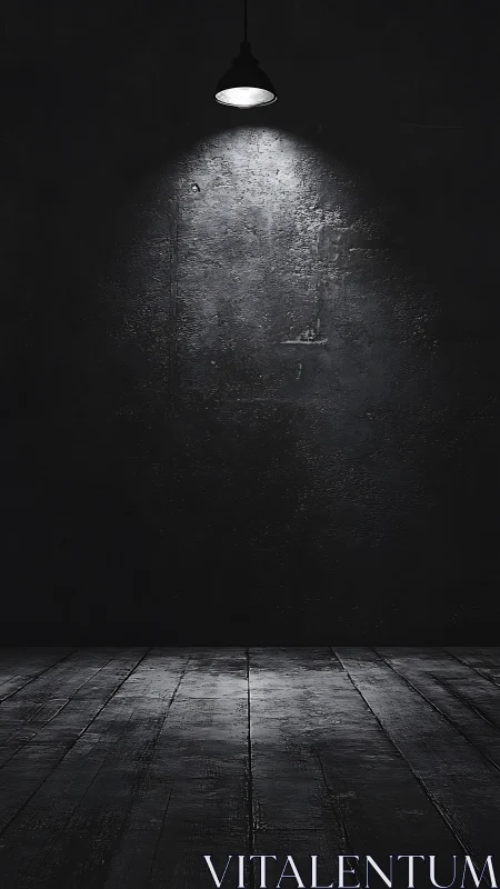 Minimalist dark room with single spotlight and wood floor.
