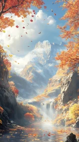 Vertical alpine canyon scene shows autumn foliage and misty falls