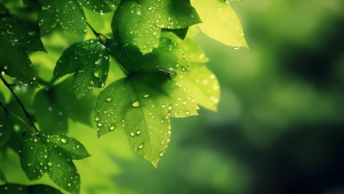 Maple leaves glisten with fresh raindrops in soft sunlight.