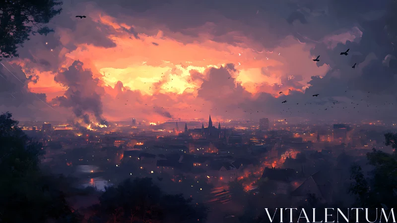 Burning twilight skyline over sprawling misty cityscape.