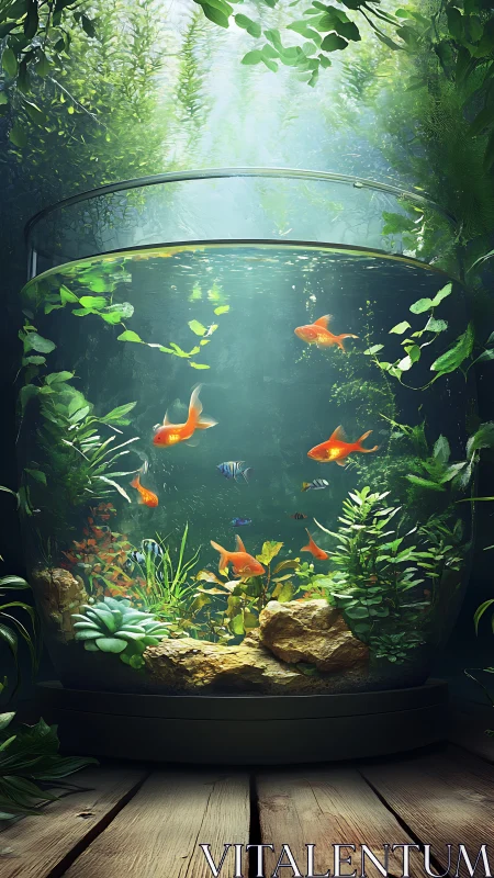 Forest-lit goldfish sphere cradling a wild garden world.
