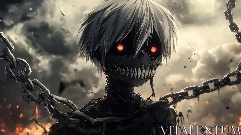 Chains embrace the crimson-eyed revenant beneath burning clouds