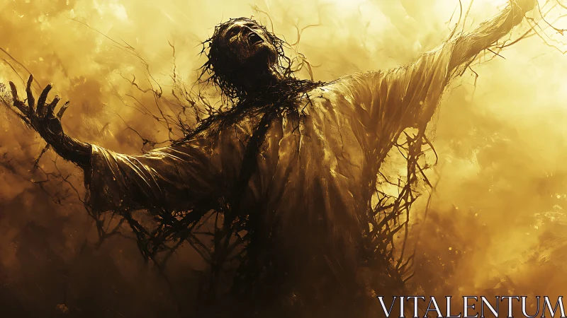 Tormented figure erupts from golden mist in twisted thorns.
