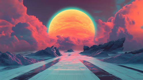 Neon horizon with giant sun over abstract alien seascape.