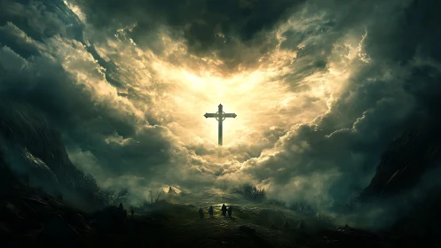 Backlit sword suspended in storm clouds above distant figures