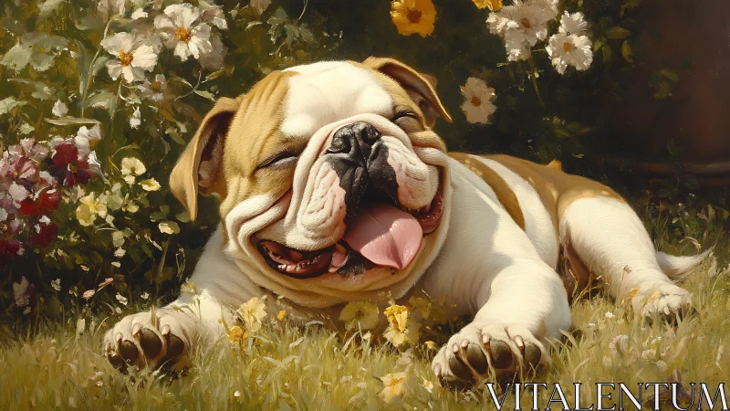 Bulldog lies on grass among flowers in detailed painting