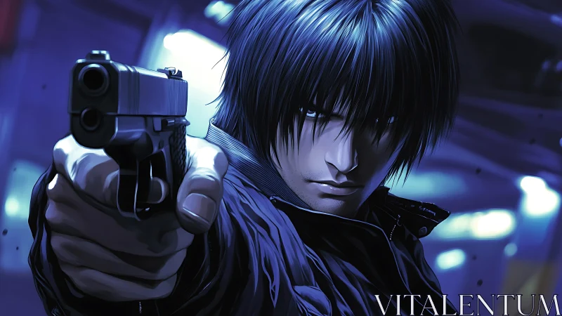 Close range handgun aim with cinematic blue rim lighting and focus