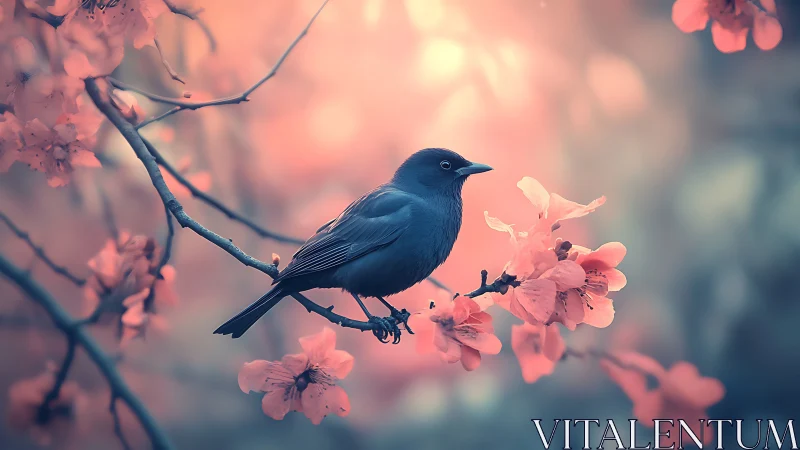 Sapphire Songbird Among Blushing Blossoms at Dawn.