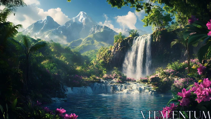 Mountain valley waterfall with dense vegetation and pool.