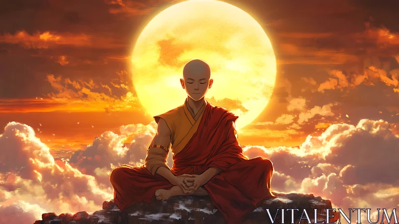 Peaceful monk in sunset light above glowing clouds.