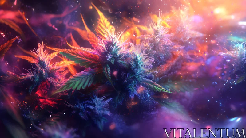 Dreamy neon cannabis blossoms glow in a soft cosmic haze