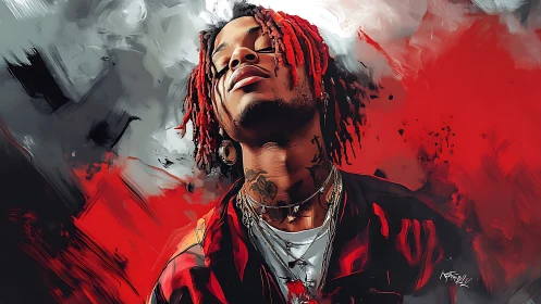 Red-dreadlocked portrait in explosive abstract crimson haze.