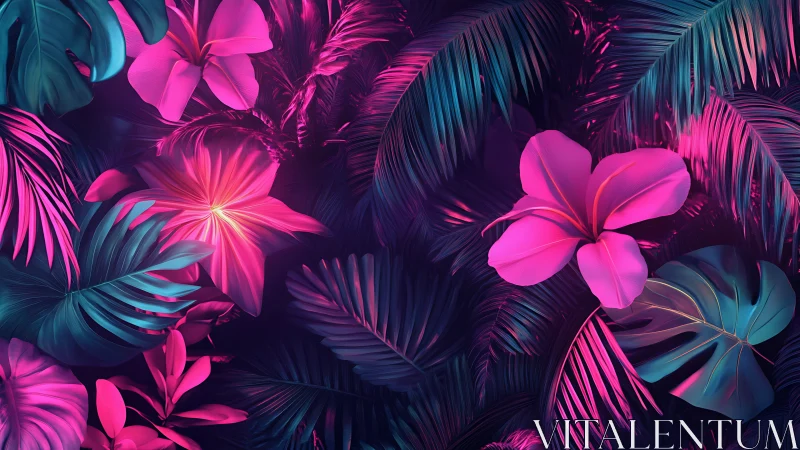 Neon jungle blossoms glow against deep tropical foliage