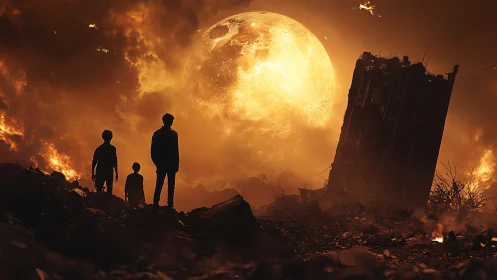 Silhouetted figures in burning ruins before oversized moon.