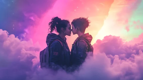 Two Figures Embrace Among Clouds in Dreamy Neon Atmosphere