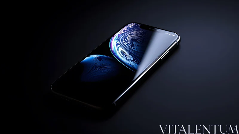 Modern smartphone on dark surface with abstract blue wallpaper.