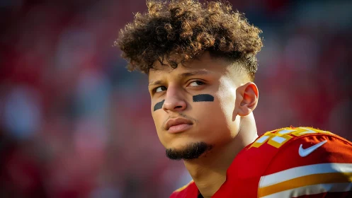 Side profile of football player in red uniform on field.