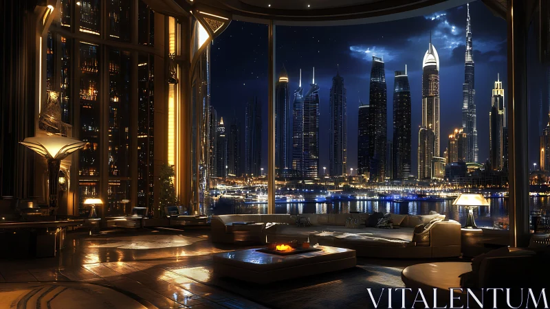 Skyline lounge drifting above a sapphire neon waterfront.