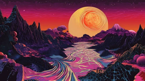 Psychedelic alien valley with river under large concentric sun.