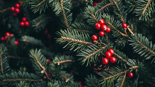 Evergreen branches cradle bright red berries in festive calm