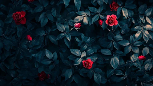 Crimson Roses Among Deep Teal Foliage in Moody Botanical Composition