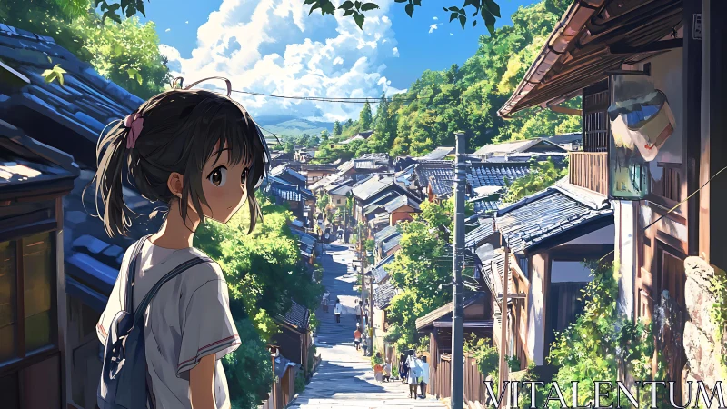 Anime girl on sunny street in traditional hillside town.