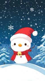Vector snowman with Santa hat in stylized winter forest scene.
