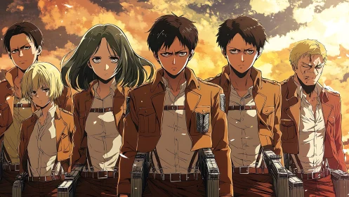 Militarized anime squad with ODM gear under dramatic sky