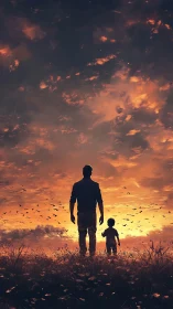 Silhouetted father and child in field at vivid sunset sky.