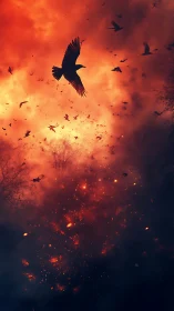 Soaring crow glides through glowing ember filled twilight sky