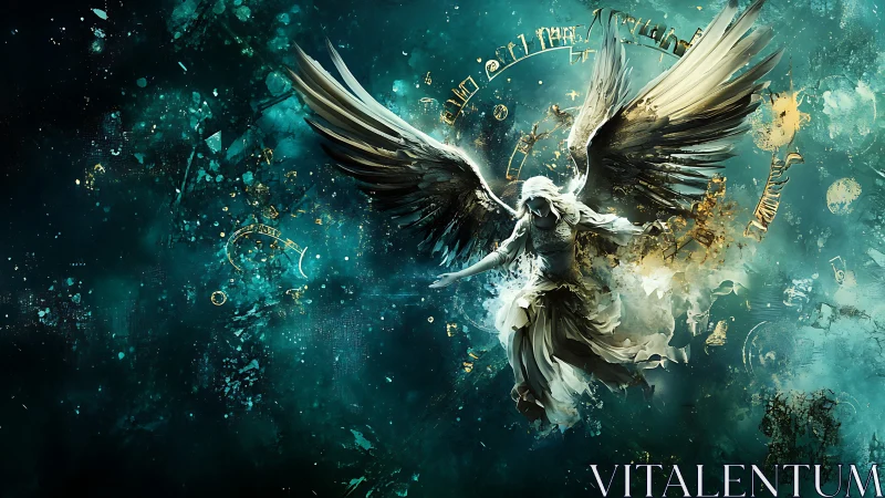 Celestial winged figure amid teal cosmic clock fragments.