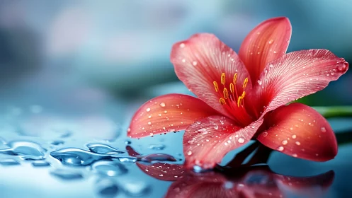Red Flower Petals with Water Droplets Against Blue.