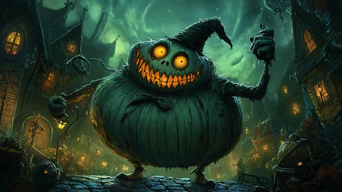 Grinning pumpkin monster stalks a twisted, moonlit village