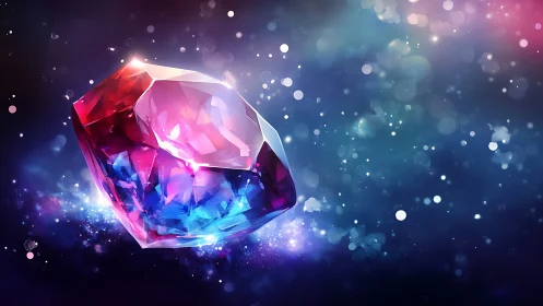 Multicolored faceted crystal floats in a glowing space field