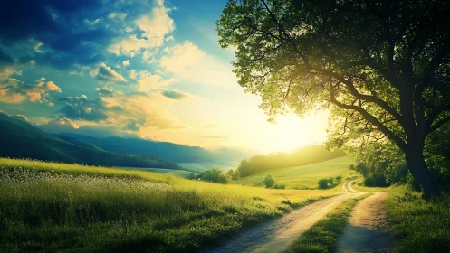 Sun-drunk country lane wandering into a painted horizon.