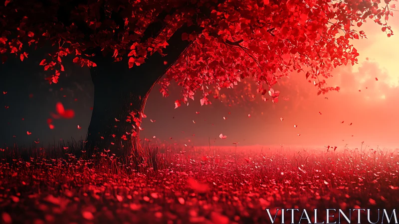 Red-leaved tree dominates glowing misty meadow at sunrise