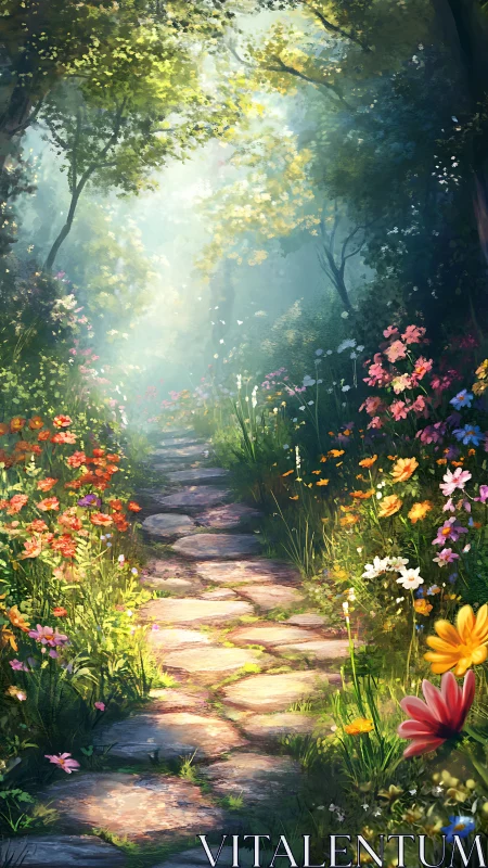 Stone path through dense flowering forest under daylight.