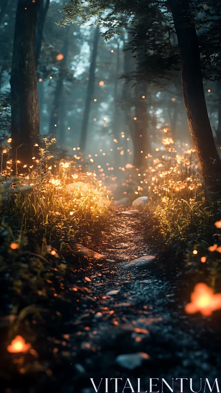 Magical forest path glows with enchanting golden lights