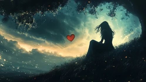 Silhouetted woman on hillside under teal twilight sky, heart