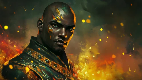 Fire-forged warrior stands amid embers and molten light.