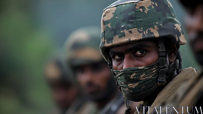 Soldier’s intense gaze captures focus amid blurred comrades.