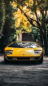 Front view classic yellow supercar on shaded cobblestone lane