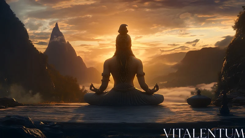 Meditating figure facing sunlit mountains at golden dawn.
