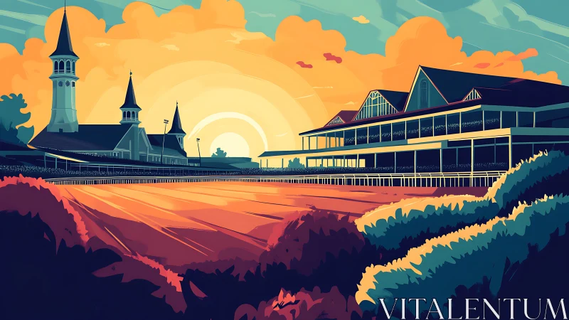 Sunlit racetrack grandstands glowing in a dreamy evening hush.